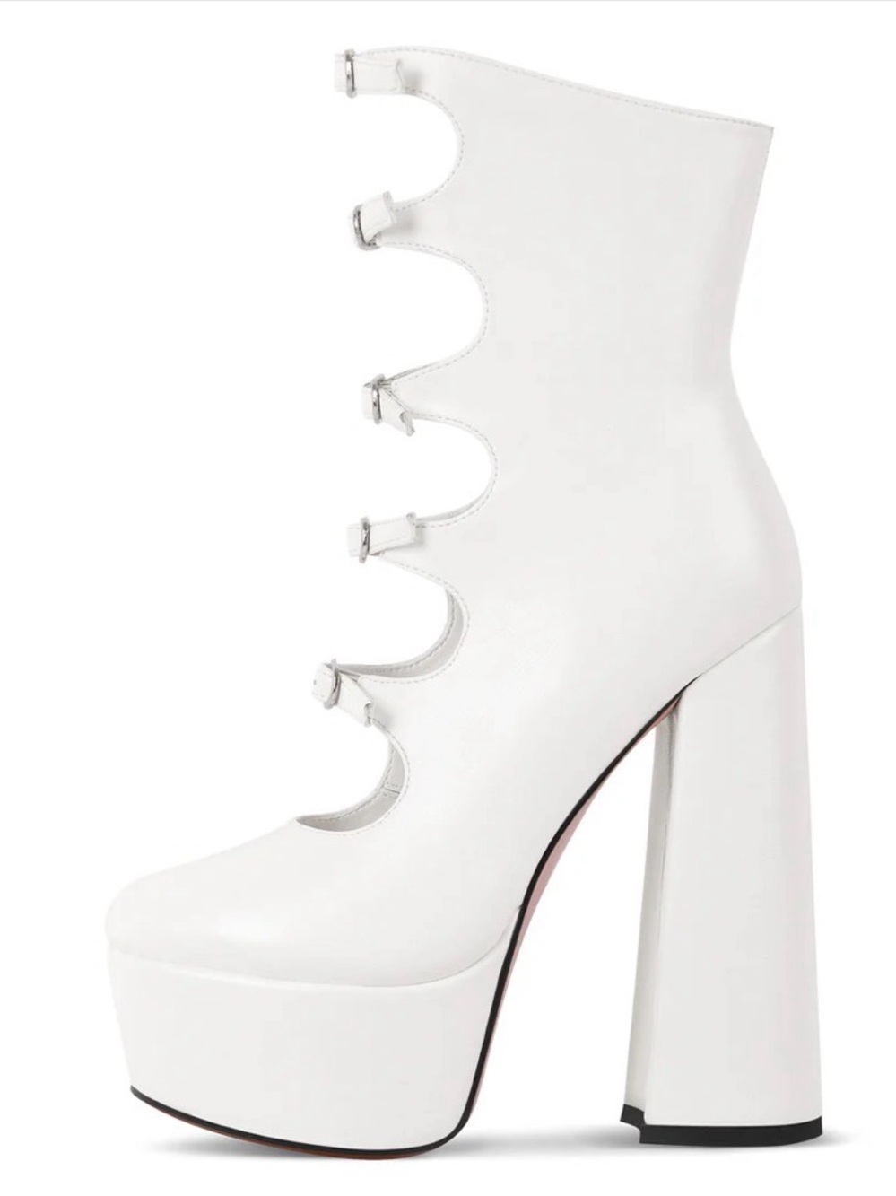 White Platform Ankle Boots with Scalloped Buckle Straps